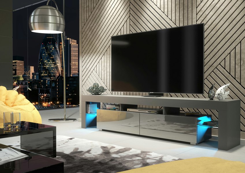 Mex Furniture Sleek 200cm Modern  TV Unit Grey Cabinet Stand High Gloss Doors with Free LED Lights