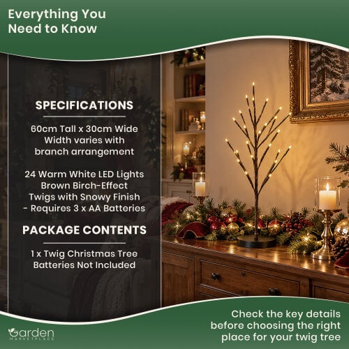 Snowy Brown Birch Christmas Twig Tree with Warm White LED Lights, 60cm Battery Powered Indoor Decorative Tree, 24 LEDs