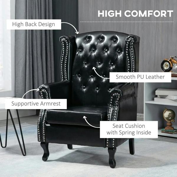 Black wingback accent chair with tufted high back, smooth PU leather look, spring seat