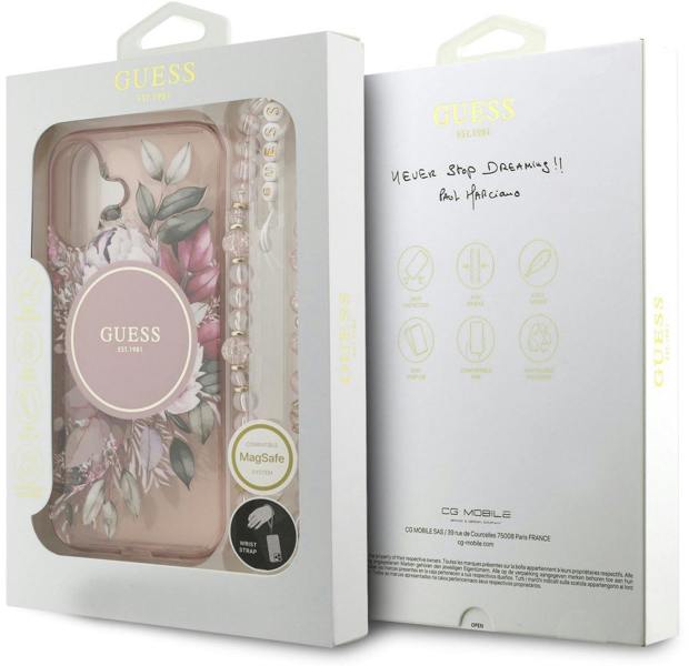 Guess IML Flowers Strap Case with MagSafe for iPhone 17 6.3" Pink - GUHMP17SHFWBRCESP