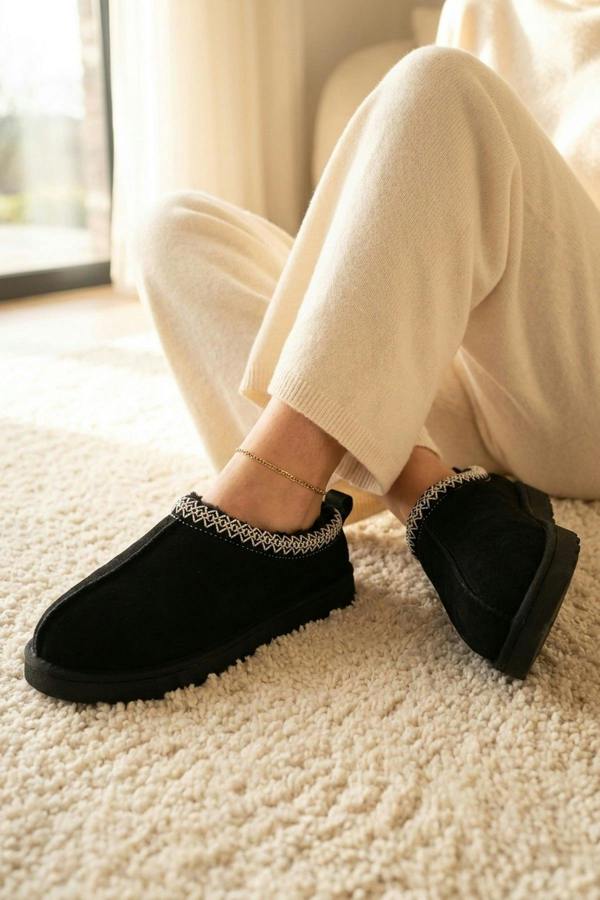 Odette Faux Suede Lined Slipper Mules - Black