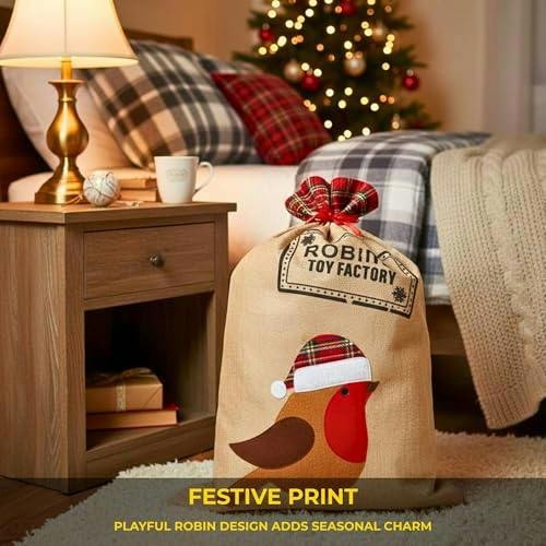 5cm Robin Christmas Hessian Santa Sack with Printed Festive Pattern, Reusable Gift Storage Bag image 6