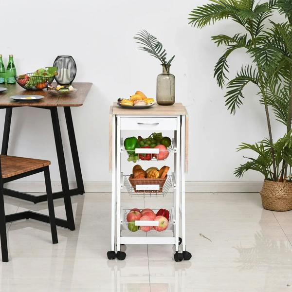 White rolling kitchen cart with oak top and three baskets, styled with food and plants