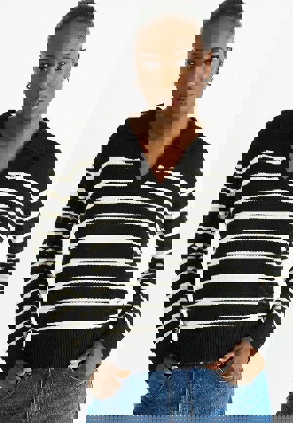 Gini London Black Recycle Stripe V Neck Collar Knit Jumper