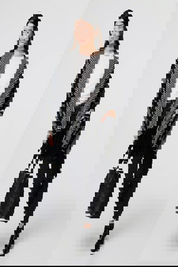 Black | Chevron Print Tassel Fringe Open Cardigan
