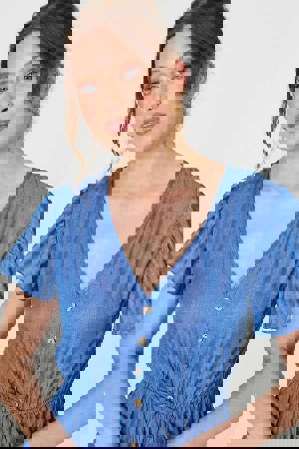 Blue | Short Sleeve Drawstring Waist Midi Dress
