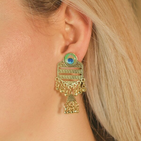 The Colourful Aura Peacock Indian Boho Oxidised Drop Ethnic Dome Asian Jhumka Earring