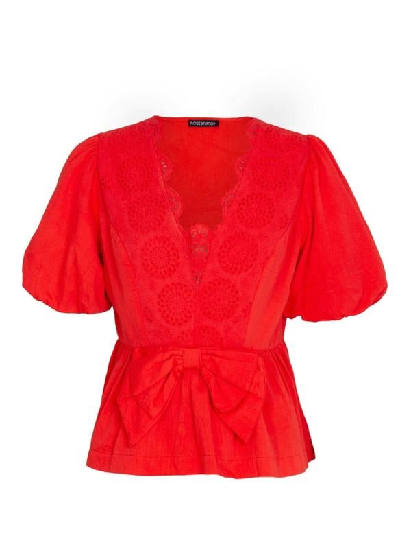 Rose & Nancy Haillie Coral Red Lace Trim Bow Blouse