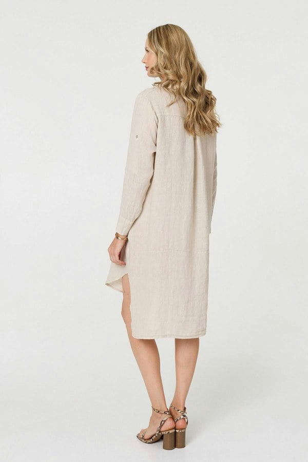 Beige | Long Sleeve Split Hem Maxi Shirt Dress
