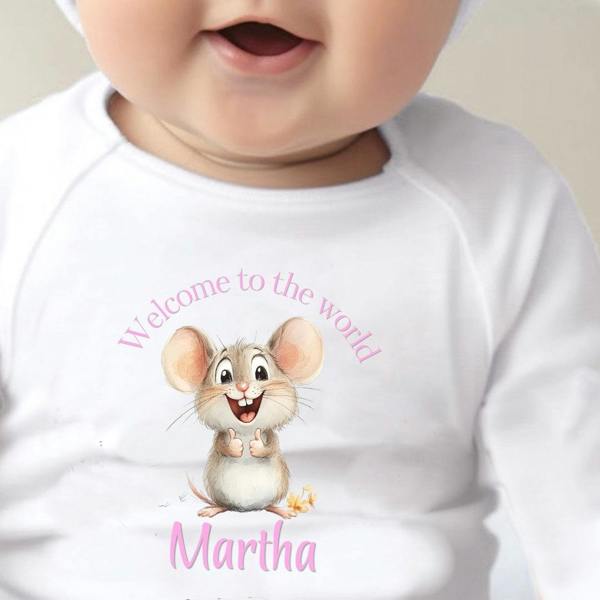 Personalised Pink Mouse Welcome Baby Grow, Vest or Bib with Name