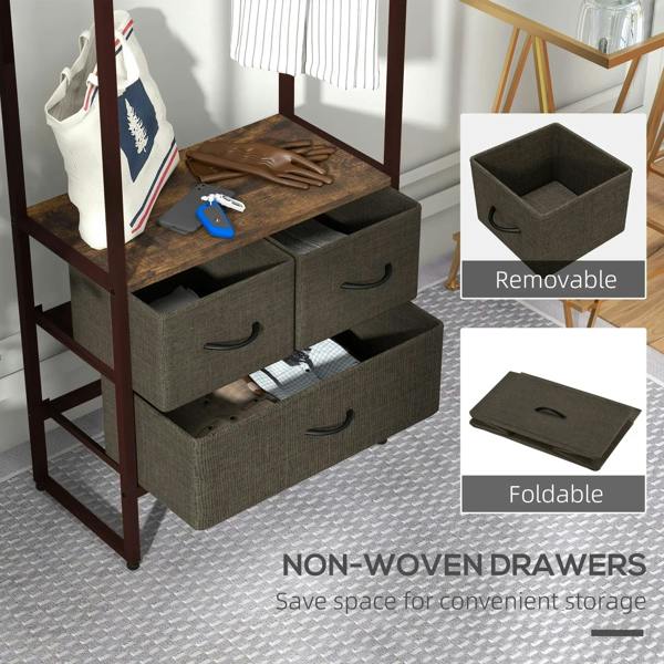 Rustic brown compact clothes rail with top shelf and grey non-woven storage drawers