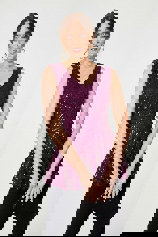 Purple | Sparkly Sequin Sleeveless Peplum Top : Model is 5'9"/175 cm and wears UK8/EU36/US4/AUS8