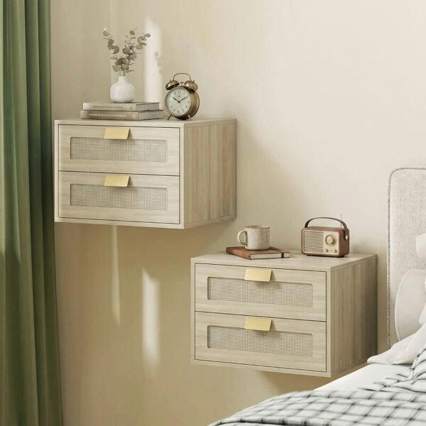 Modern Floating Nightstands Set of 2, Wall Mounted Bedside Tables with 2 Drawers, Oak - Oak