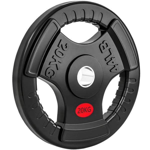 Black Olympic weight plate with tri-grip handles, marked 20KG for barbells