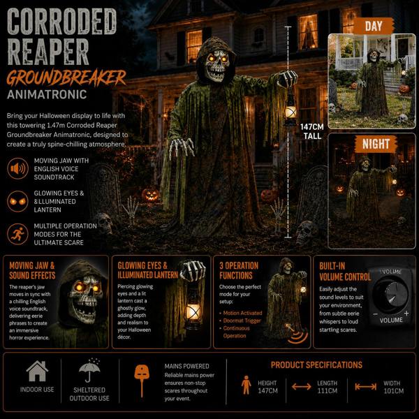Samuel Alexander 1.47m Tall Light up Corroded Rise Up Reaper Skeleton Halloween Animatronic Decoration