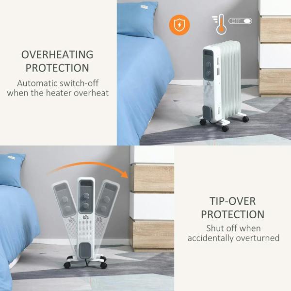 White oil-filled radiator heater on wheels with safety overheat and tip-over protection