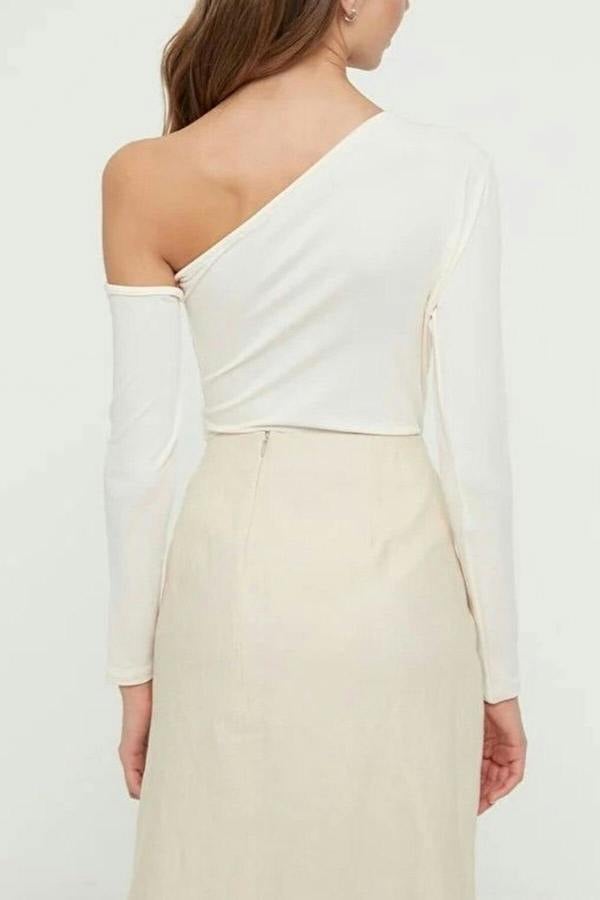 WOVCOR Asymmetrical Collar Long Sleeve Knit Bodysuit