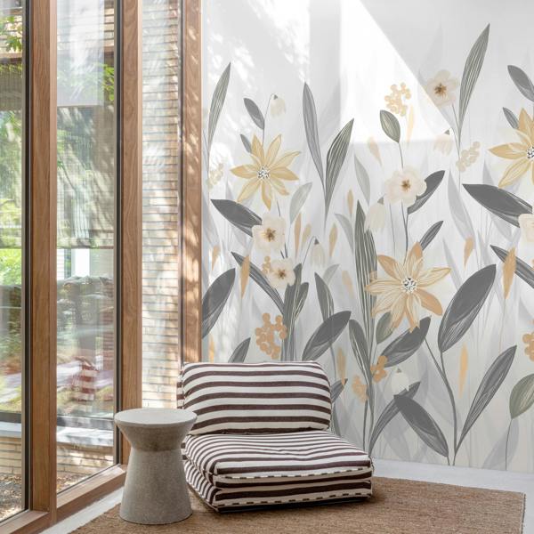 Grandeco Verna Floral Grasses 3 panel repeatable Mural 1.59 x 2.8m, Charcoal Grey Beige