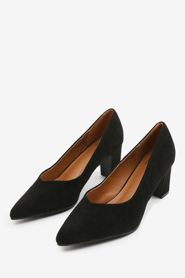 Where's That From Serena Extra Wide Fit Block Heel With Pointed Toe in Black Suede