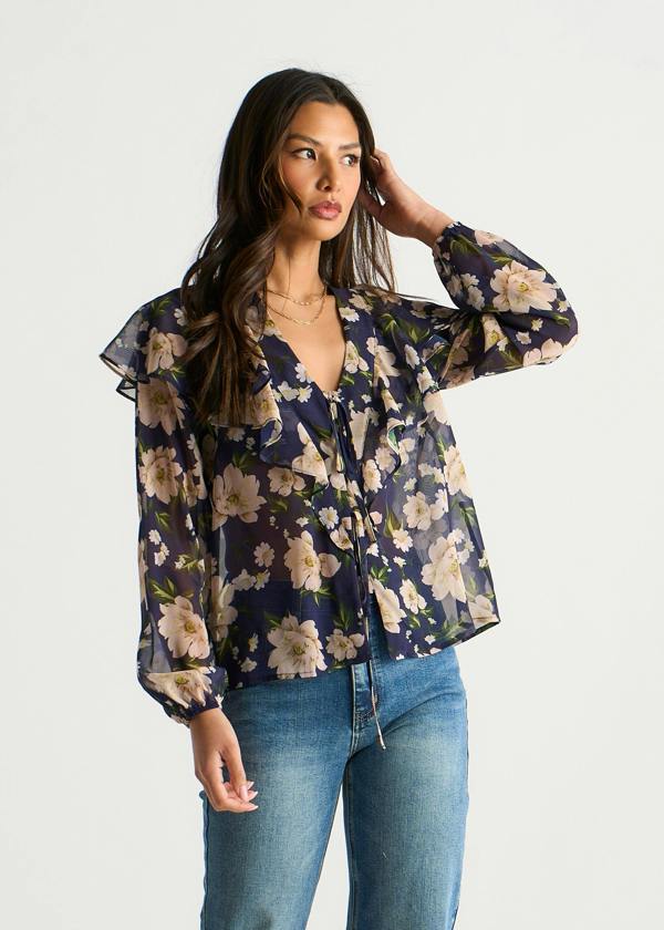 Gini London Navy Floral Ruffle Front Blouse