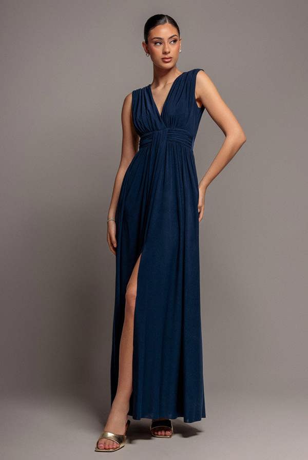 Gathered Shoulder Wrap Neck Draped Waist Maxi Dress - Navy Blue DR5005