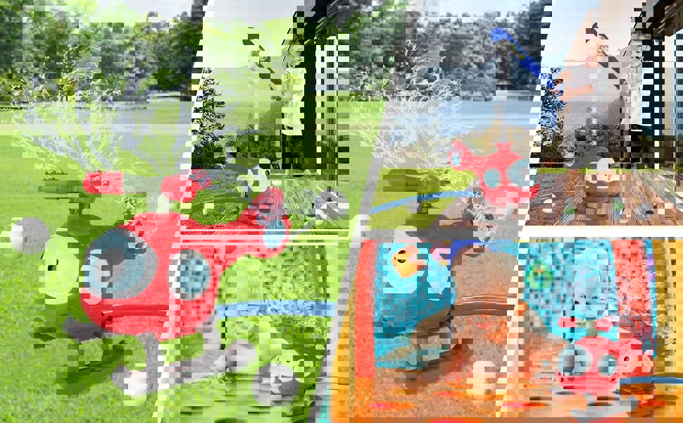 deAO Toys Baseball Play Set with Sprinkler and Helicopter Outdoor Water Spray Toy for Kids, Includes Tee Ball Set with 4 Balls