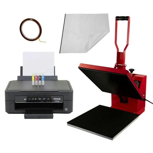 PixMax T-Shirt Sublimation Heat Press Machine in red, featuring a 38cm x 38cm clam design, with printer, ink, and accessories included