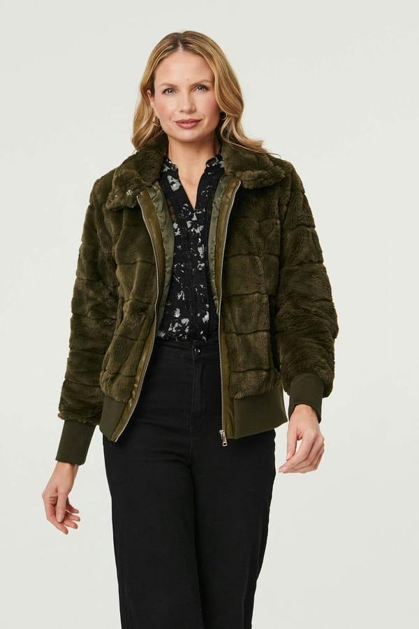 Olive | Faux Fur Zip Front Jacket
