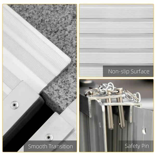 Non-slip ribbed aluminum ramp surface with smooth transition edge and safety pin
