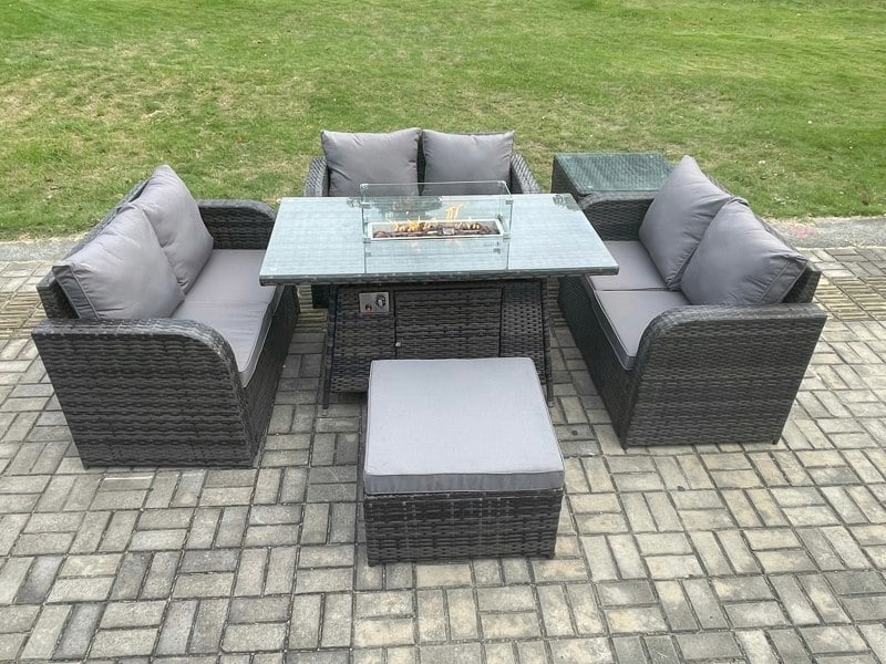 Fimous Rattan Outdoor Garden Furniture Sofa Set Gas Fire Pit Dining Table Gas Heater with Side Table Love Sofa Big Footstool Dark Grey Mixed