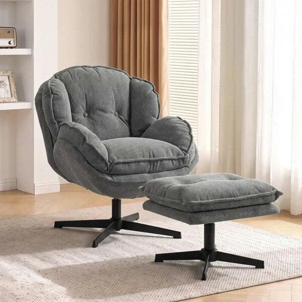 Armchair with Adjustable Footstool, 360-Degree Swivel Chenille Cloud Accent Chair with Thick Cushion, Steel Base, Grey - Grey