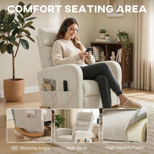 HOMCOM Upholstered Rocking Chair with Retractable Footrest, High Back Cream White