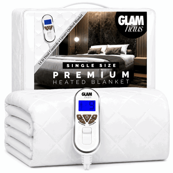 GlamHaus Single Size Electric Blanket - Fitted Mattress Bed Cover - White Diamond Quilted - Settings for Feet and Body, Timer