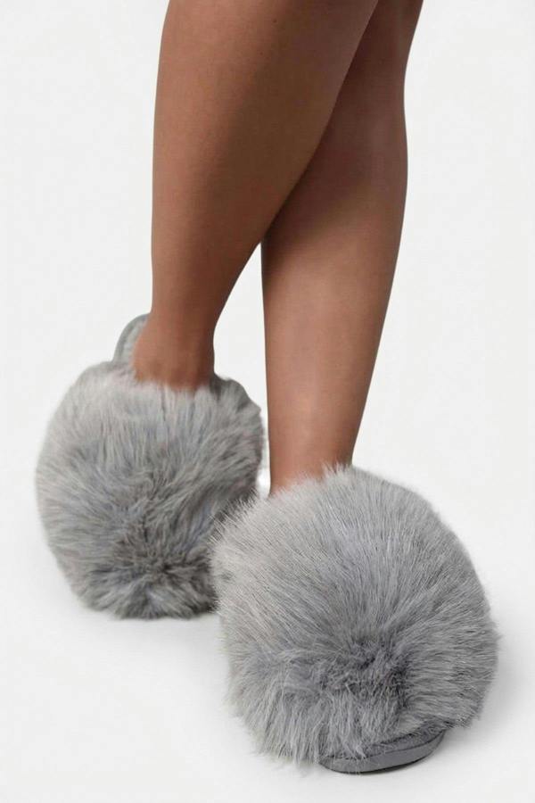 Nadia Fluffy Faux Fur Slippers - Grey_wb