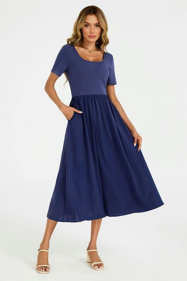 FS Collection Short Sleeve Jersey Bodice Midi Dress with Pockets In Navy