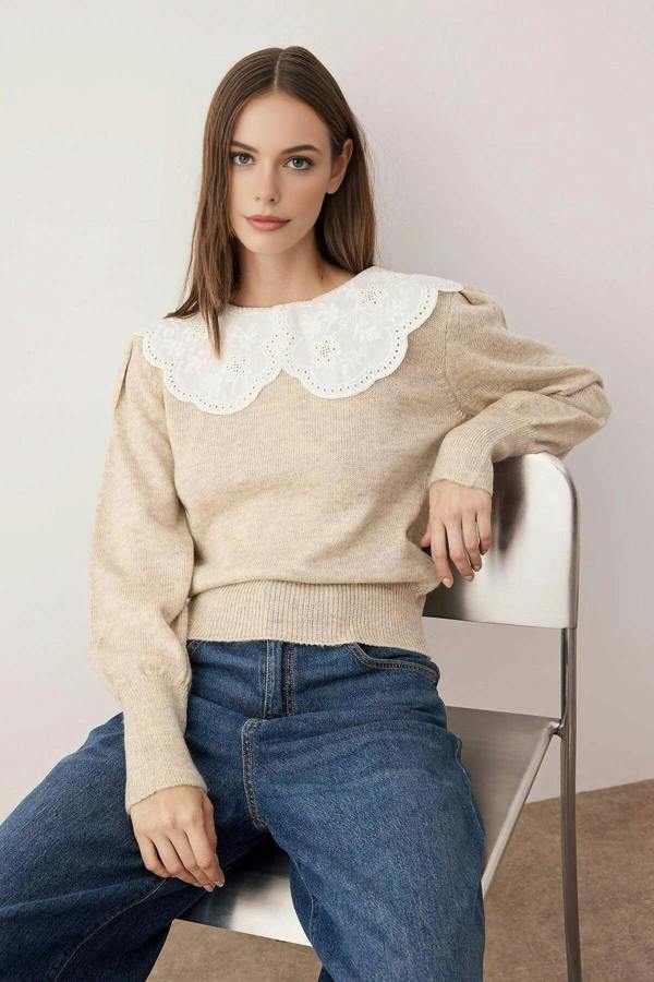 WOVCOR Soft Textured Garnished Shirt Collar Knit Sweater