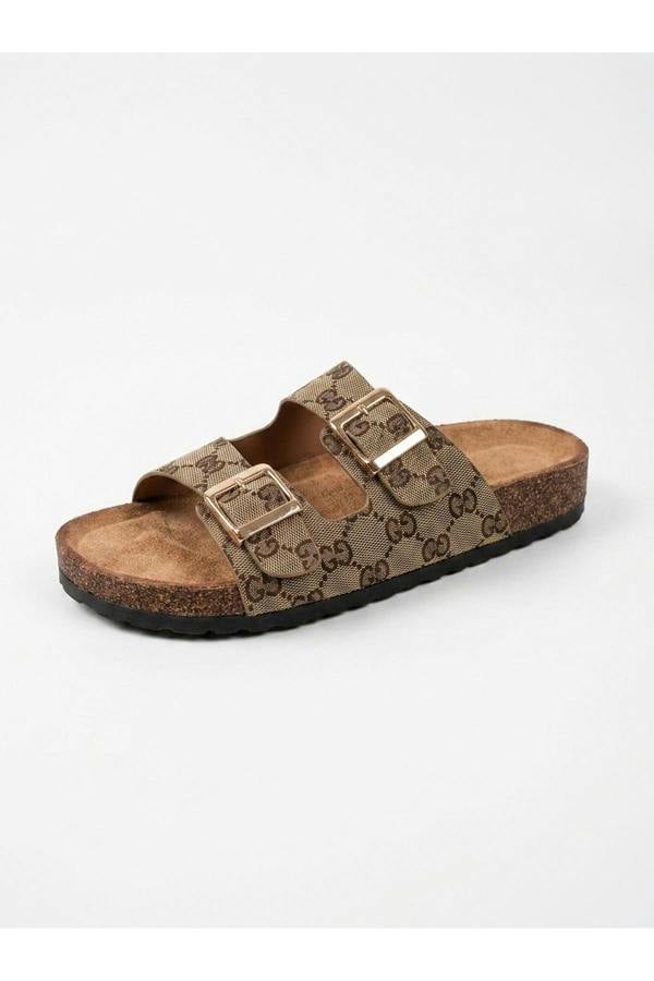 Tamsin Double Buckle Monogram Print Sliders - Khaki