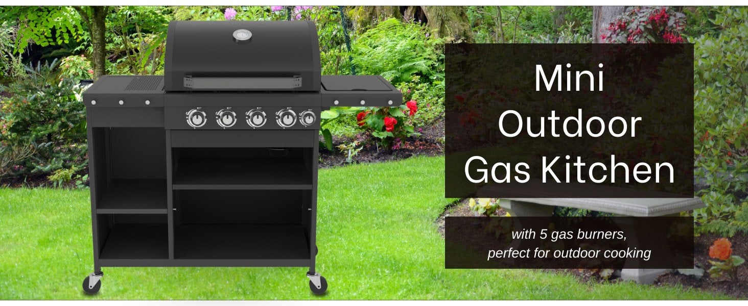 Callow Mini 4 Burner BBQ Outdoor Kitchen Gas Grill & Side Burner with Rain Cover & Gas Regulator