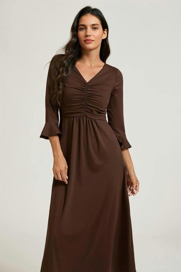 FS Collection Fluted Sleeves Ruched Jersey Midi Dress In Brown