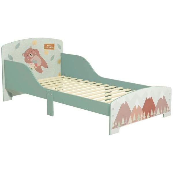 Green toddler bed frame with slatted base, rounded headboard, and woodland print end panels