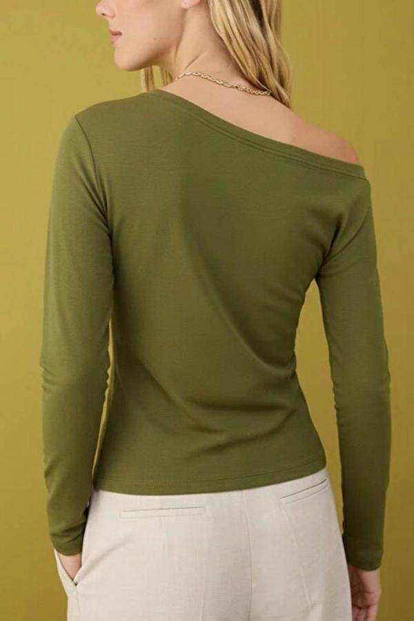 WOVCOR Asymmetrical Collar Knit Blouse with Drape Detail