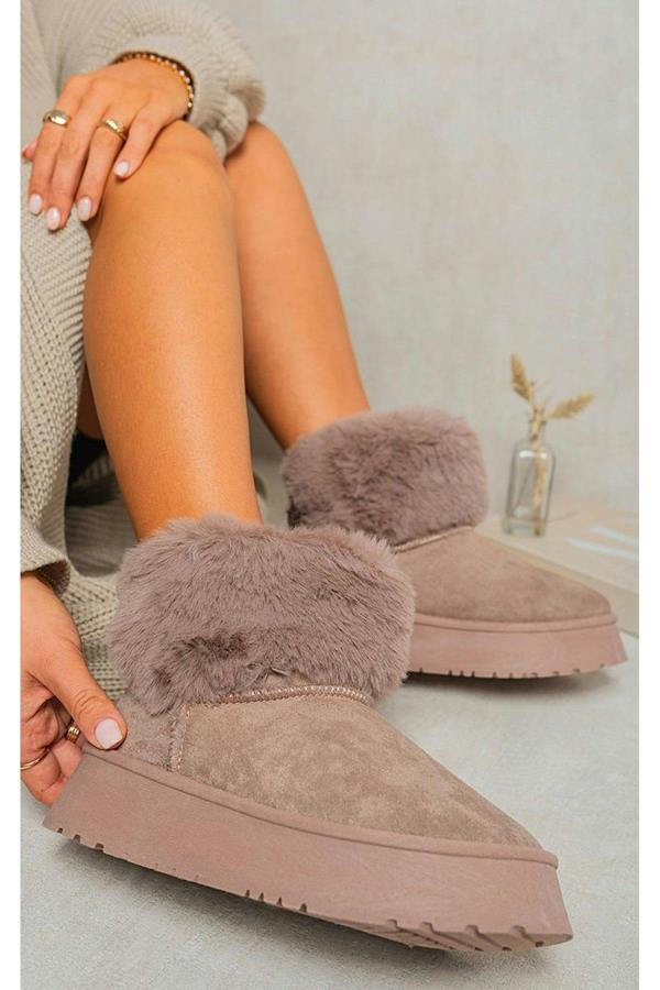 Elsa Fuzzy Cuff Slip On Snow Boots - Taupe