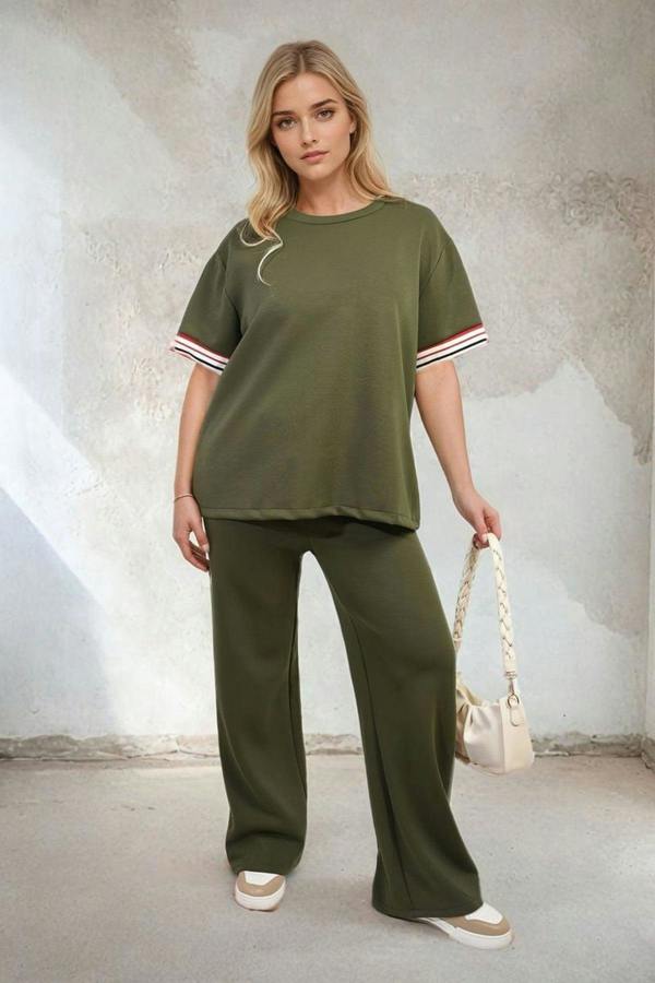 Jennifer Contrast Stripe Top And Wide Leg Trouser Co-ord Set - Khaki