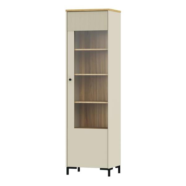 Furniture To Go Bixbite Tall Display Cabinet with Fluted Detail, Door & Open Shelving in Mauvella Oak and Sand