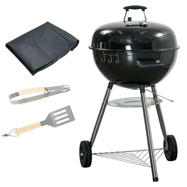 Black portable kettle charcoal grill with wheels; includes grill tools and protective cover.