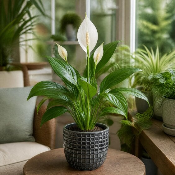 Peace Lily Plant 12cm - Air Purifying Houseplant Elegant Indoor Plant with White Flowers - Grey Ceramic Pot - 1