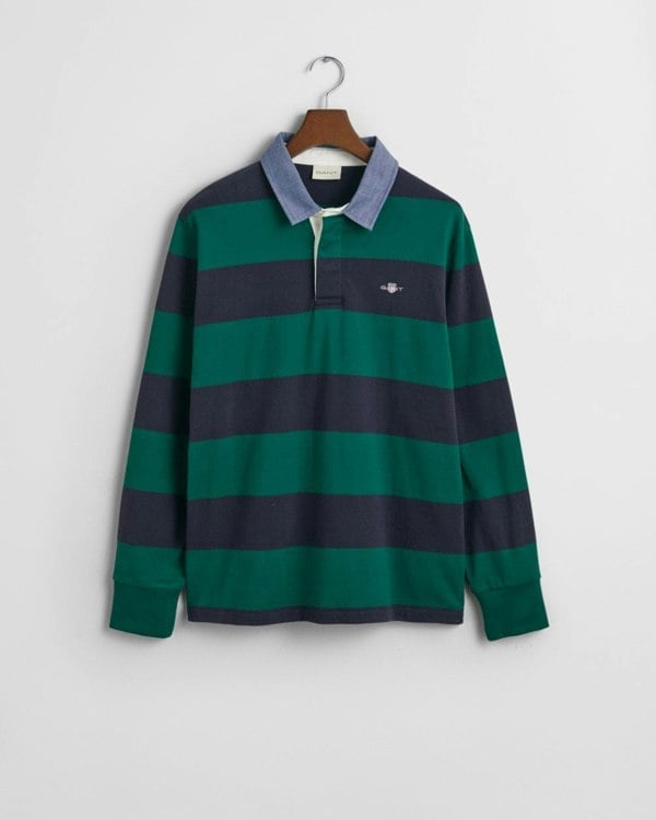 GANT Mens Regular Fit Chambray Stripe Heavy Rugger - 373 Deep Forest Green - CHO - Designer Mens Long Sleeve Polo Shirts