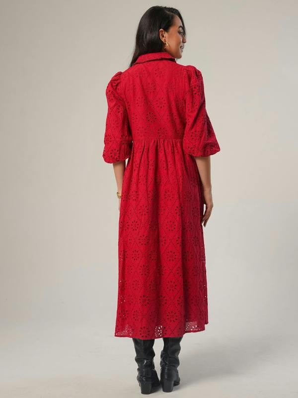 Rose & Nancy Lucille Red Embroidered Midi Shirt Dress&nbsp;