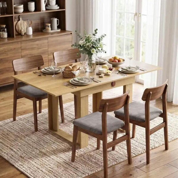 Folding Dining Table Under-Table Storage Extendable Kitchen Table Steel Rail Oak Effect - Natural