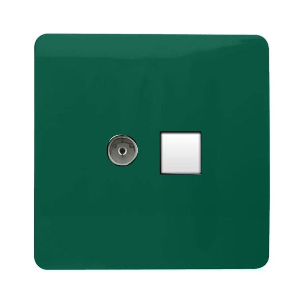 Trendi Switch 2 Gang TV Co-Axial & RJ45 Cat 6 Modern Designer PC Ethernet Sockets in Dark Forest Green